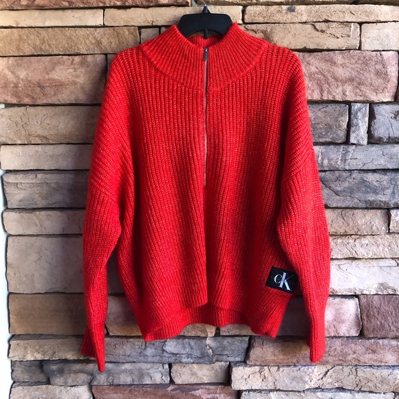 Calvin Klein Jeans orange partial zip neck Sweater NWT Large - Picture 1 of 9